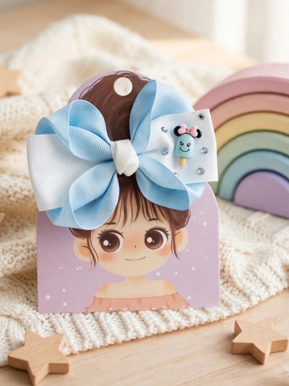 Cute Blue & White Hair Bow for Kids with Cartoon Charm